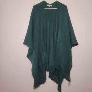 World Market Green Cable Knit Poncho Shrug Fringe Sz O/S